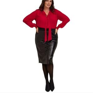 Torrid Scarlet Red Chiffon Bow Front Button-Up Blouse Semi Sheer Plus Size‎ 2 2X